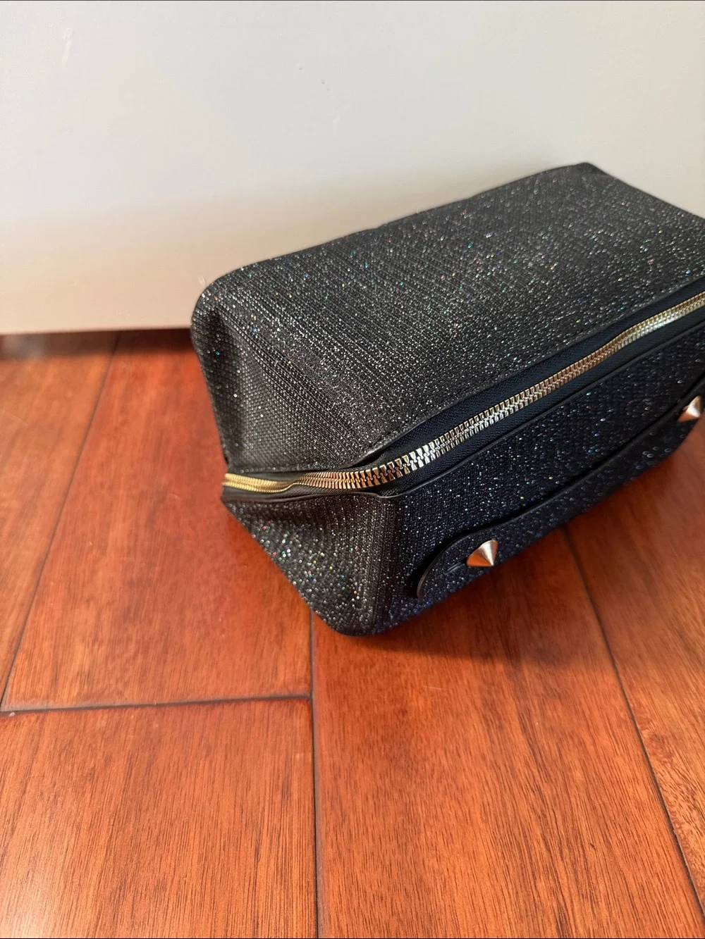 Brand New Black Sparkle Women's Cosmetic Case with Gold Hardware